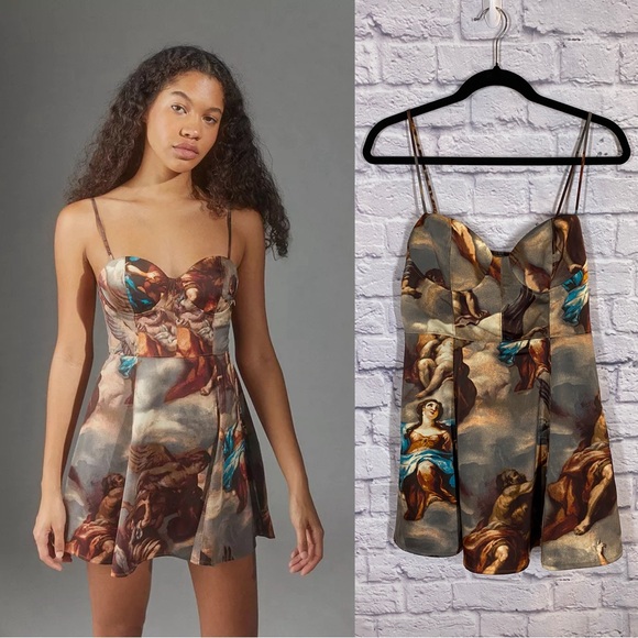 Urban Outfitters Orion Bustier Renaissance Printed Mini Slip Dress Size Large - Picture 1 of 10
